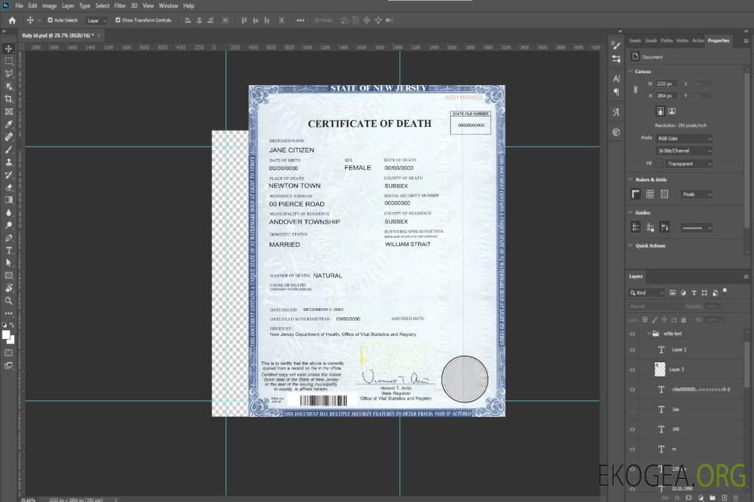 Modèle de certificat de décès de l'État du New Jersey aux États-Unis au format PSD template Modèle de certificat de décès de l'État du New Jersey aux États-Unis au format PSD template